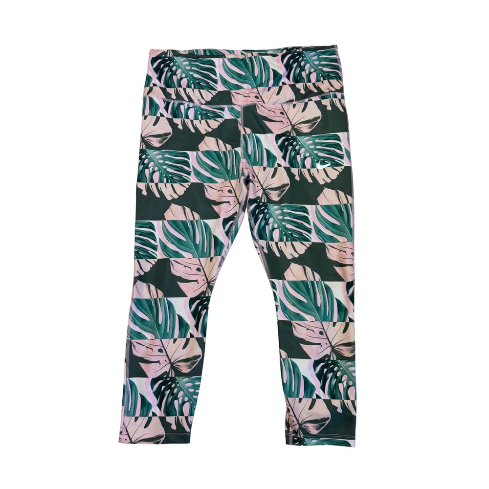 Nike Dri-FIT Leggings Womens XXL Pink Green Monstera Tropical Crop Tights 7/8